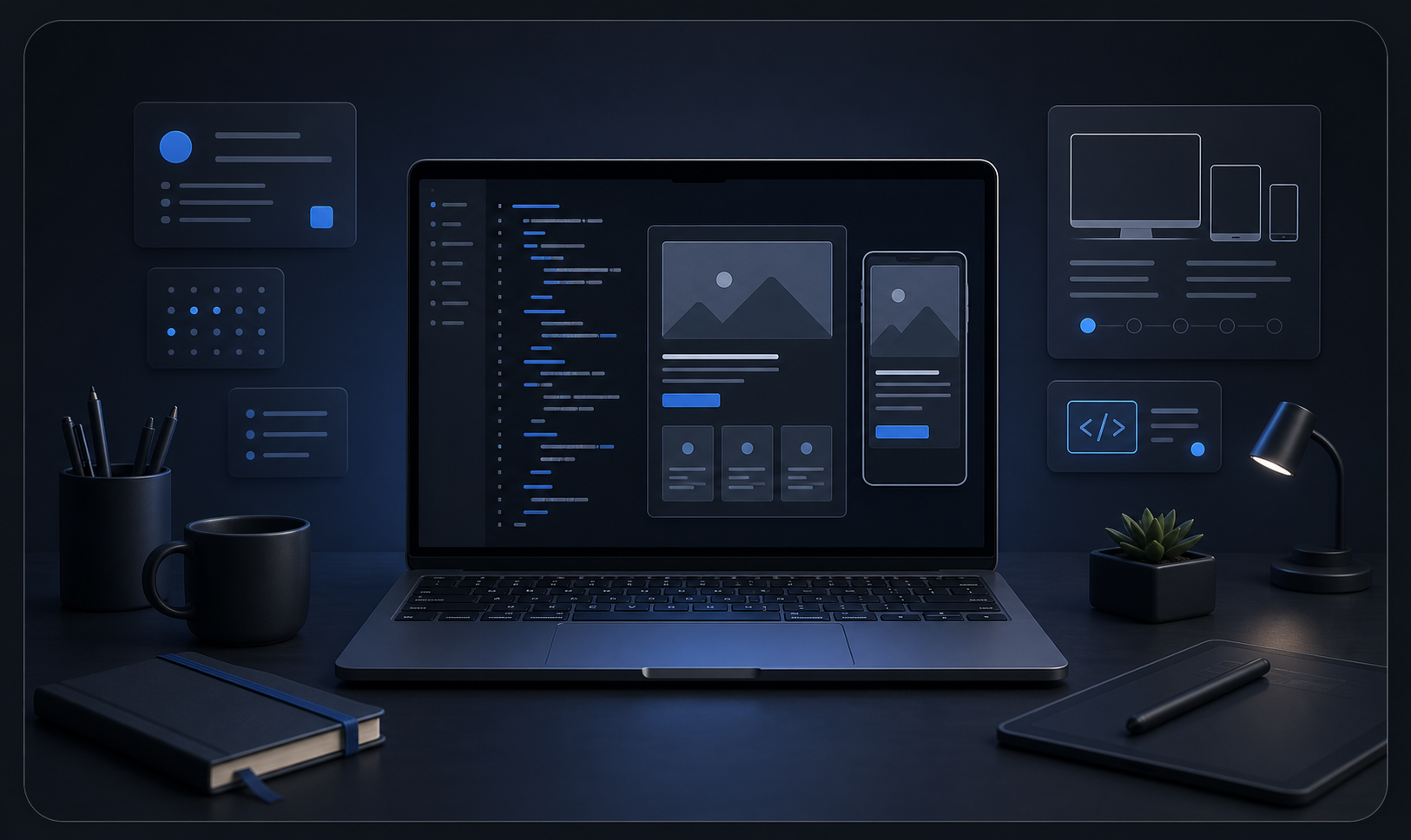 Espacio de trabajo digital con una laptop mostrando interfaces web y código