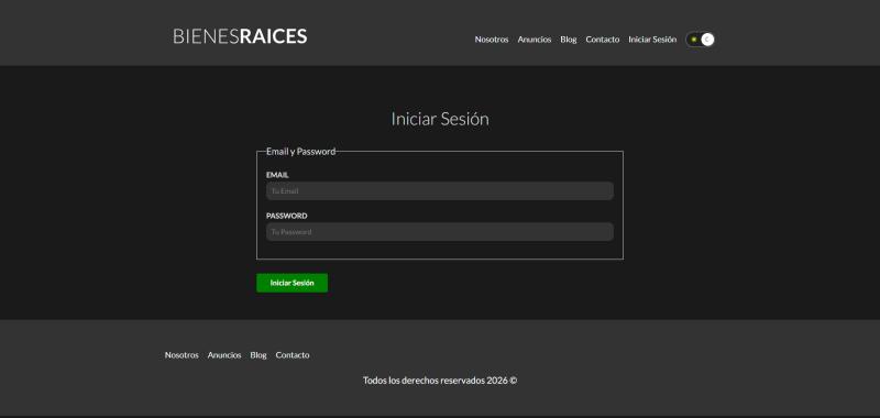 Formulario de inicio de sesión de la plataforma Bienes Raíces
